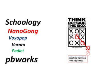 Schoology
NanoGong
Voxopop
 Vocaro        http://goo.gl/m2yAu


 Padlet

pbworks     Speaking/listening
            reading fluency
 
