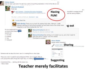 Clarifying
                    Having
                    FUN!


                           Helping out


    Recommending/adding to the content

                               Sharing




                    Suggesting

Teacher merely facilitates
 