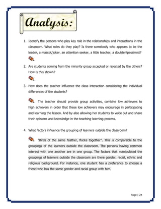 1. Identify the persons who play key role in the relationships and interactions in the 
classroom. What roles do they play? Is there somebody who appears to be the 
leader, a mascot/joker, an attention seeker, a little teacher, a doubter/pessimist? 
2. Are students coming from the minority group accepted or rejected by the others? 
Page | 24 
How is this shown? 
3. How does the teacher influence the class interaction considering the individual 
differences of the students? 
The teacher should provide group activities, combine low achievers to 
high achievers in order that these low achievers may encourage in participating 
and learning the lesson. And by also allowing her students to voice out and share 
their opinions and knowledge in the teaching-learning process. 
4. What factors influence the grouping of learners outside the classroom? 
“Birds of the same feather, flocks together”. This is comparable to the 
groupings of the learners outside the classroom. The persons having common 
interest with one another are in one group. The factors that manipulated the 
groupings of learners outside the classroom are there gender, racial, ethnic and 
religious background. For instance, one student has a preference to choose a 
friend who has the same gender and racial group with him. 
 