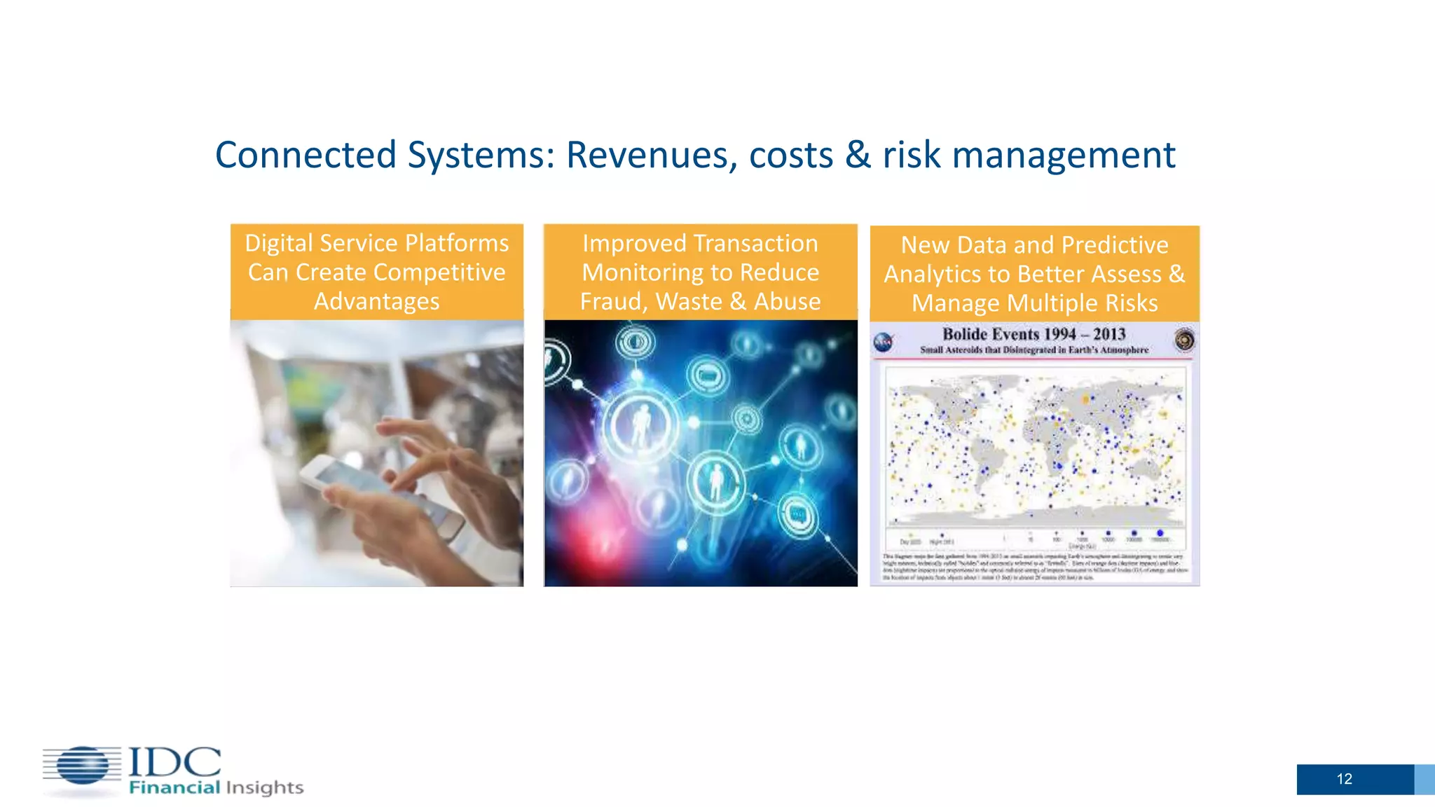 12
Connected Systems: Revenues, costs & risk management
Digital Service Platforms
Can Create Competitive
Advantages
Improved Transaction
Monitoring to Reduce
Fraud, Waste & Abuse
New Data and Predictive
Analytics to Better Assess &
Manage Multiple Risks
 