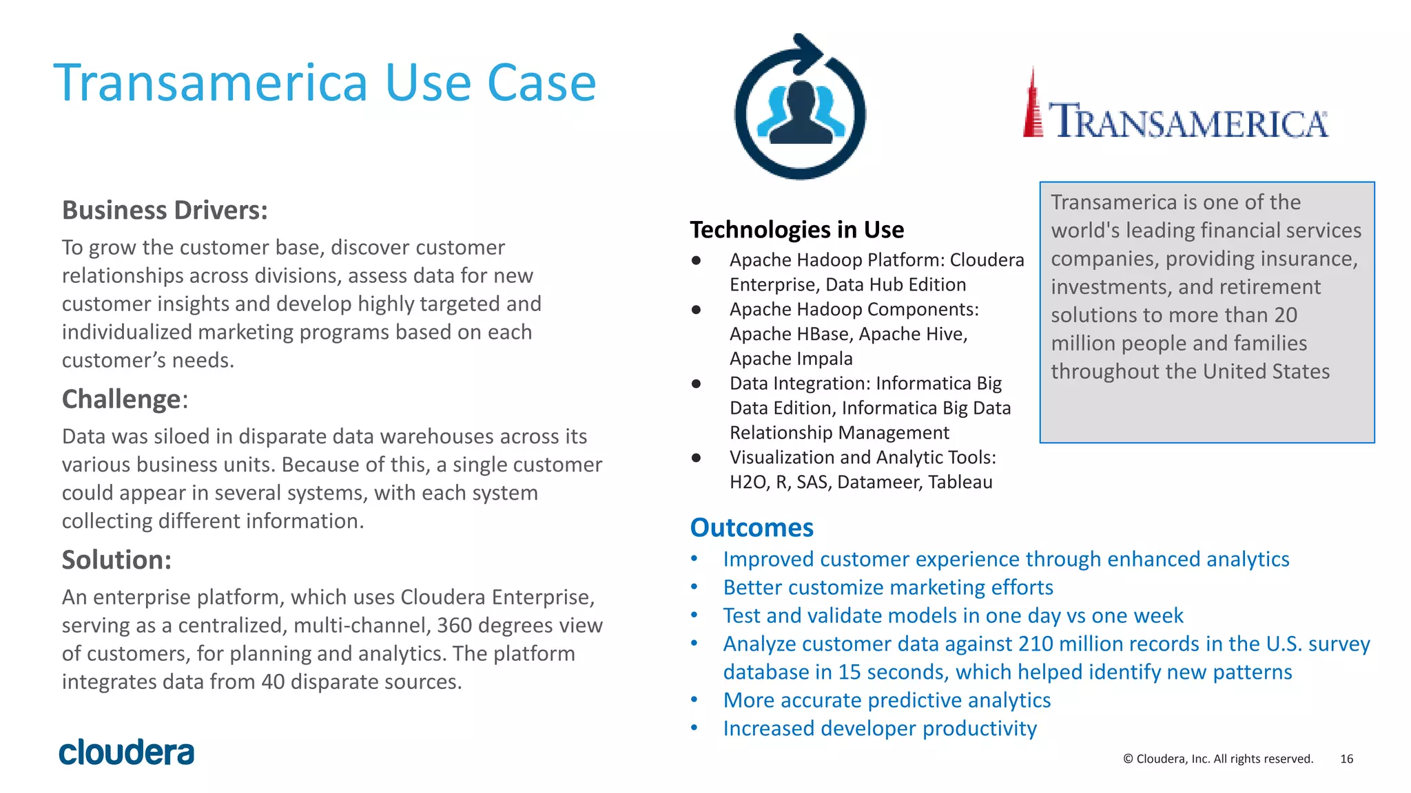 16© Cloudera, Inc. All rights reserved.
Transamerica Use Case
Business Drivers:
To grow the customer base, discover customer
relationships across divisions, assess data for new
customer insights and develop highly targeted and
individualized marketing programs based on each
customer’s needs.
Challenge:
Data was siloed in disparate data warehouses across its
various business units. Because of this, a single customer
could appear in several systems, with each system
collecting different information.
Solution:
An enterprise platform, which uses Cloudera Enterprise,
serving as a centralized, multi-channel, 360 degrees view
of customers, for planning and analytics. The platform
integrates data from 40 disparate sources.
Transamerica is one of the
world's leading financial services
companies, providing insurance,
investments, and retirement
solutions to more than 20
million people and families
throughout the United States
Outcomes
• Improved customer experience through enhanced analytics
• Better customize marketing efforts
• Test and validate models in one day vs one week
• Analyze customer data against 210 million records in the U.S. survey
database in 15 seconds, which helped identify new patterns
• More accurate predictive analytics
• Increased developer productivity
Technologies in Use
● Apache Hadoop Platform: Cloudera
Enterprise, Data Hub Edition
● Apache Hadoop Components:
Apache HBase, Apache Hive,
Apache Impala
● Data Integration: Informatica Big
Data Edition, Informatica Big Data
Relationship Management
● Visualization and Analytic Tools:
H2O, R, SAS, Datameer, Tableau
 