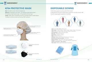 07 WWW.HBKN.TOP
08
WWW.HBKN-PPE.COM
Size: 21cm*8cm (±1cm), internal standard size
Material: PP spunbond outer layer + PP meltblown high filtration layer +
PP meltblown high filtration layer + PP spunbond soft inner layer
KF94 PROTECTIVE MASK
SGS testing report according to EN13795 standard
SMS gowns,PP+PE gowns and PP gowns registered in EU,DOC with EC-REP
Sterile surgical gowns registered in UK MHRA
DISPOSABLE GOWNS
Fabric: □PP □SMS □SMMS □PP+PE □CPE
Fabric weight: □18gsm □25gsm □30gsm □35gsm □40gsm □45gsm □Customized
Color: □light blue □green □white □dark blue □yellow □Customized
Joint technology: □sewing □ultrasonic sealed
Back style: □open back □full back
Neck closure: □back Tie □velcro
Waist: □single tie □four ties
Cuff style: □elastic wrists □knitted □thumb loops □customized
Reinforced in the chest and sleeves: □Yes □No
Special treatment: □anti-alcohol □anti-blood □anti-static
Packing: □1pcs/bag, 50pcs/ctn □10 pcs/bag, 100 pcs/ctn □Customized
Sterilize: □EO-sterilize □Non-sterilize
Outer carton: □brown board □white board □Customized
湖北康宁防护用品有限公司
Hubei Kangning Protective Products Co., ltd
湖北康宁防护用品有限公司
Hubei Kangning Protective Products Co., ltd
Usage: widely used in households, factories, and public health,in pollen season,
flu season, and environments with serious PM2.5 pollution
The butterfly bionic design brings
low resistance to the breath
The soft and hygienic material is
very friendly to the skin
The flat elastic earloop makes zero
pressure on the ear
Double layer filtration provides higher
effective protection
KF94 Protective mask white
KN019
KF94 Protective mask black
KN020
 
