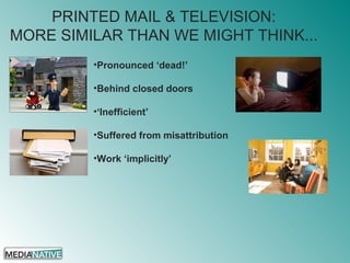 PRINTED MAIL & TELEVISION:
MORE SIMILAR THAN WE MIGHT THINK...
•Pronounced ‘dead!’
•Behind closed doors
•‘Inefficient’
•Suffered from misattribution
•Work ‘implicitly’
 