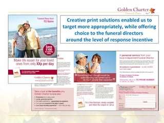 Creative print solutions enabled us to
target more appropriately, while offering
choice to the funeral directors
around the level of response incentive
 