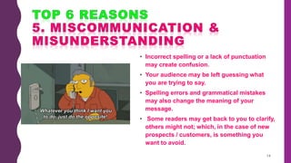 • Incorrect spelling or a lack of punctuation
may create confusion.
• Your audience may be left guessing what
you are trying to say.
• Spelling errors and grammatical mistakes
may also change the meaning of your
message.
• Some readers may get back to you to clarify,
others might not; which, in the case of new
prospects / customers, is something you
want to avoid.
14
 