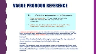 VAGUE PRONOUN REFERENCE
• A pronoun can replace a noun, and its antecedent should be the person, place, or thing to
which the pronoun refers. A vague pronoun reference (including words such as it, that, this,
and which) can leave the reader confused about what or to whom the pronoun refers.
• Example 1:
• Incorrect: When Jonathan finally found his dog, he was so happy. (The dog or Jonathan?)
• Correct: Jonathan was so happy when he finally found his dog.
• Example 2:
• Incorrect: Don felt a lot of anger and bitterness as a result of Marie’s decision. This is what
ended everything. (What ended everything? Don’s anger and bitterness or Marie’s decision?)
• Correct: Don felt a lot of anger and bitterness as a result of Marie’s decision. Her choice ended
everything
 