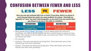 CONFUSION BETWEEN FEWER AND LESS
• Many people mix up "fewer" and "less." If you're talking about the amount of
something, you need to decide whether the item is all one thing or a group of many
things. If it's a group of many smaller things, you should use "fewer." If it's one thing,
you should use "less."
• For example:
• Incorrect: "The store was almost out of dog food. There were less cans on the
shelves than there were yesterday."
• Correct: "The store was almost out of dog food. There were fewer cans on the
shelves than there were yesterday."
 