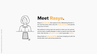 PuttogetherbySomiaCustomerExperience|May2020
Rasya is 24 year old. She aspires to be a Marketing Director in
the next ﬁve years, that’s why she works very hard and spends
long hours at work.
She believes in living well, she wants to make sure her parents
and her lead a healthy lifestyle in order to spend more time with
them. She hits the gym once a week and is generally healthy.
Rasya leads an active social life, she loves hanging out with her
friends after work and during weekends.
Meet Rasya.
 