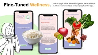 Fine-Tuned Wellness. One no longer ﬁts all. With Rasya’s genetic results, science
is able to recommend diets and exercises ﬁt for her type.
 