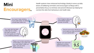Mini
Encouragers.
Health systems have embraced technology closely to serve up daily
doses of wellbeing reminders and encouragers to Rasya with a
preventative focus; to minimize and prevent illnesses by helping her
connect the dots from behaviours and health data.
You haven’t been drinking
much water today. Try taking
a small water break now.
Your heart rate has been
a little high for a while,
let’s take a moment
for me to guide you in this
1-min breathing exercise?
Maintain your score and
wellbeing by winding
down for bedtime now.
Sleep Score
9.5
Rasya, you’ve been spending a lot
of time sitting. Let’s make sure
your neck doesn’t stiﬀen up
again. Let’s do some
simple stretching.
Time for lunch soon. Would you like
me to place an order according
to your optimal diet?
Don’t forget to take your
personalized organic
powder smoothie!
 