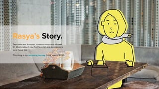 Two days ago, I started showing symptoms of cold.
It’s Wednesday, I now feel feverish and developed a
sore throat too.
This story is my recovery journey in the year of 2030.
Rasya’s Story.
 