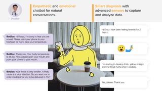 Empathetic and emotional
chatbot for natural
conversations.
Smart diagnosis with
advanced sensors to capture
and analyze data.
BotDoc: Hi Rasya, I’m sorry to hear you are
unwell. Please point your phone to your
forehead for me to take your temperature.
BotDoc: Thank you. Your body temperature
is 38.5C. Now, please open your mouth and
point your phone to your mouth.
BotDoc: Your throat is very swollen. A likely
cause is a virus infection. Do you want me to
order medicine for you to be delivered in 1hr?
Hi Doc, I have been feeling feverish for 2
days :(
😮🤳
Yes, please. Thank you.
I’m starting to develop thick, yellow phlegm
and my throat hurts when I swallow.
DocBot
 