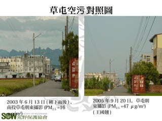 草屯空 對照圖污
2005 年 9 月 20 日，草屯朝
東攝影 (PM2.5 =47 μg/m3
)
( 王國翹 )
2003 年 6 月 13 日 ( 剛下雨後 ) ，
南投草屯朝東攝影 (PM2.5 =16
μg/m3
)
 