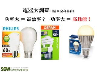 功率大 ＝ 高效率 ? 功率大 ＝ 高耗能！
電器大調查（清 全身器官）查
 