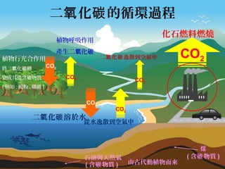 二 化 的循環過程氧 碳
化石燃料燃燒
煤
( 含 物質碳 )石油與天然氣
( 含 物質碳 ) 由古代動植物而來
CO2二 化 逸散到空氣中氧 碳
CO2
從水逸散到空氣中
CO2
二 化 溶於水氧 碳
CO2
植物行光合作用
將二 化 轉氧 碳
變成其他含 物質碳
( 例如 : 澱粉 . 纖維 )
CO2
植物呼吸作用
產生二 化氧 碳
CO2
 