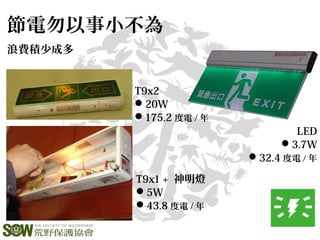 節電勿以事小不為
浪費積少成多
T9x2
20W
175.2 度電 / 年
T9x1 + 神明燈
5W
43.8 度電 / 年
LED
3.7W
32.4 度電 / 年
 