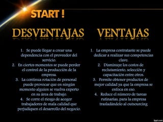 1. La empresa contratante se puede
dedicar a realizar sus competencias
clave.
2. Disminuye los costos de
reclutamiento, selección y
capacitación entre otros.
3. Permite obtener productos de
mejor calidad ya que la empresa se
enfoca en eso.
4. Reduce el número de tareas
rutinarias, para la empresa
trasladándolo al outsourcing
1. Se puede llegar a crear una
dependencia con el proveedor del
servicio.
2. En ciertos momentos se puede perder
el control de la producción de la
empresa.
3. La continua rotación de personal
puede provocar que en ningún
momento alguien se vuelva experto
en su área de trabajo.
4. Se corre el riesgo de acoger
trabajadores de mala calidad que
perjudiquen el desarrollo del negocio.
DESVENTAJAS VENTAJAS
 