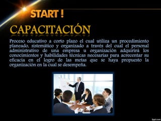 Proceso educativo a corto plazo el cual utiliza un procedimiento
planeado, sistemático y organizado a través del cual el personal
administrativo de una empresa u organización adquirirá los
conocimientos y habilidades técnicas necesarias para acrecentar su
eficacia en el logro de las metas que se haya propuesto la
organización en la cual se desempeña.
CAPACITACIÓN
 