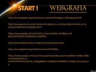 https://es.wikipedia.org/wiki/Alianza_estrat%C3%A9gica_%28negocios%29
http://www.gerencie.com/el-ambiente-laboral-es-un-factor-determinante-en-la-
productividad-del-trabajador.html
https://www.google.com/search?q=innovacion&ie=utf-8&oe=utf-
8#q=DEFINICION+AMBIENTE+LABORAL
http://www.definicionabc.com/general/capacitacion.php
https://es.wikipedia.org/wiki/Comunicaci%C3%B3n
https://www.google.com/search?q=capacitacion&source=lnms&tbm=isch&sa=X&v
ed=0ahUKEwjr4J_0-
LHJAhUFWSYKHcceBsEQ_AUIBygB&biw=1366&bih=634#tbm=isch&q=comunicacio
n
WEBGRAFIA
 