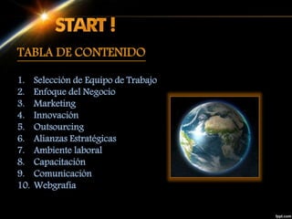 TABLA DE CONTENIDO
1. Selección de Equipo de Trabajo
2. Enfoque del Negocio
3. Marketing
4. Innovación
5. Outsourcing
6. Alianzas Estratégicas
7. Ambiente laboral
8. Capacitación
9. Comunicación
10. Webgrafia
 