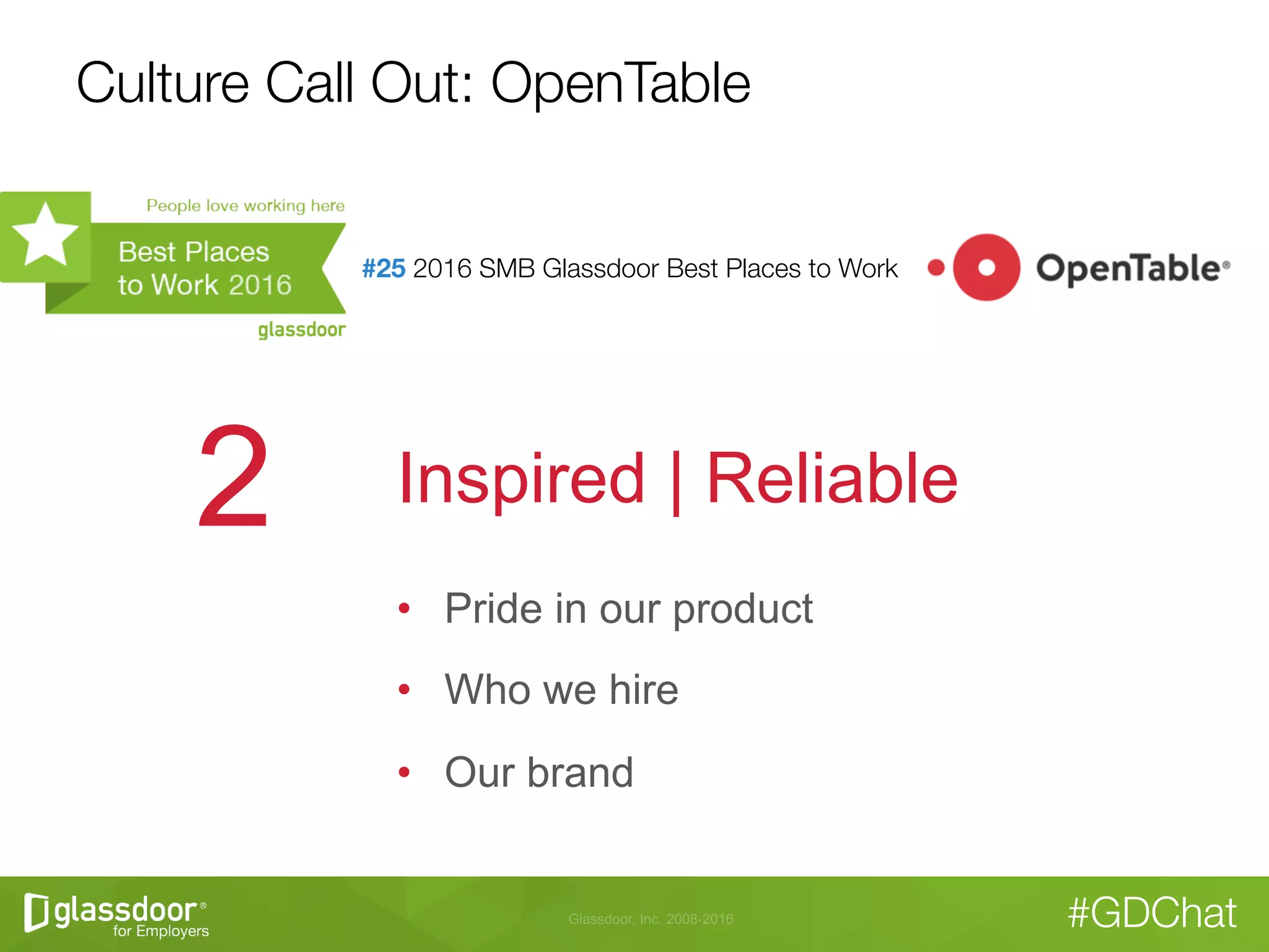Glassdoor, Inc. 2008-2016 #GDChat
Culture Call Out: OpenTable
#25 2016 SMB Glassdoor Best Places to Work

Inspired | Reliable2
•  Pride in our product
•  Who we hire
•  Our brand
 