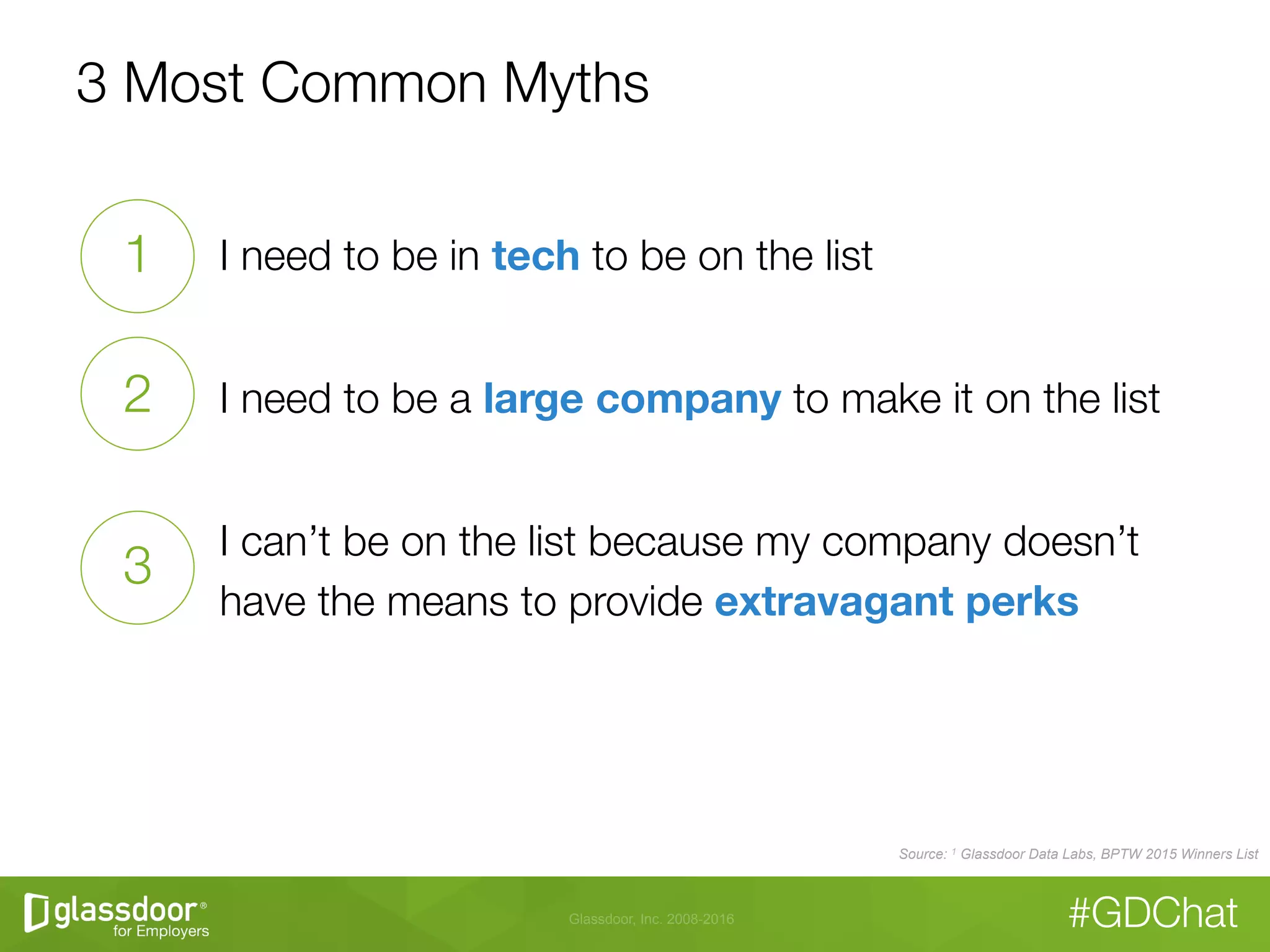 Glassdoor, Inc. 2008-2016 #GDChat
3 Most Common Myths
I need to be in tech to be on the list"

I need to be a large company to make it on the list"

I can’t be on the list because my company doesn’t "
have the means to provide extravagant perks


1
2
3
Source: 1 Glassdoor Data Labs, BPTW 2015 Winners List
 