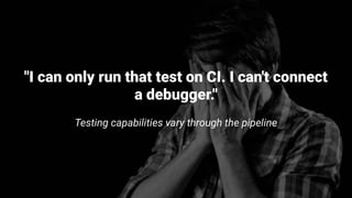 "I can only run that test on CI. I can't connect
a debugger."
Testing capabilities vary through the pipeline
 