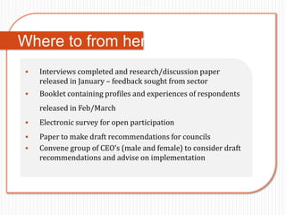 Where to from here:
    Interviews completed and research/discussion paper
     released in January – feedback sought from sector
    Booklet containing profiles and experiences of respondents
     released in Feb/March
    Electronic survey for open participation
    Paper to make draft recommendations for councils
    Convene group of CEO’s (male and female) to consider draft
     recommendations and advise on implementation
 