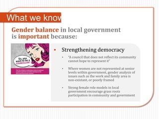 What we know:
 Gender balance in local government
 is important because:
                 Strengthening democracy
                     “A council that does not reflect its community
                      cannot hope to represent it”

                     Where women are not represented at senior
                      levels within government, gender analysis of
                      issues such as the work and family area is
                      non-existant, or poorly framed

                     Strong female role models in local
                      government encourage grass roots
                      participation in community and government
 