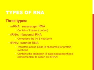 TYPES OF RNA
Three types:
• mRNA: messenger RNA
• Contains 3 bases ( codon)
• rRNA: ribosomal RNA
• Comprises the 70 S ribosome
• tRNA: transfer RNA
• Transfers amino acids to ribosomes for protein
synthesis
• Contains the anticodon (3 base sequence that is
complimentary to codon on mRNA)
 