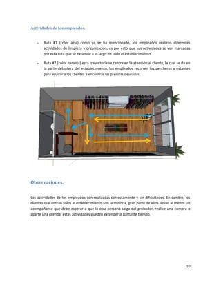 10
Actividades de los empleados.
- Ruta #1 (color azul) como ya se ha mencionado, los empleados realizan diferentes
actividades de limpieza y organización, es por esto que sus actividades se ven marcadas
por esta ruta que se extiende a lo largo de todo el establecimiento.
- Ruta #2 (color naranja) esta trayectoria se centra en la atención al cliente, la cual se da en
la parte delantera del establecimiento, los empleados recorren los percheros y estantes
para ayudar a los clientes a encontrar las prendas deseadas.
Observaciones.
Las actividades de los empleados son realizadas correctamente y sin dificultades. En cambio, los
clientes que entran solos al establecimiento son la minoría, gran parte de ellos llevan al menos un
acompañante que debe esperar a que la otra persona salga del probador, realice una compra o
aparte una prenda; estas actividades pueden extenderse bastante tiempo.
 