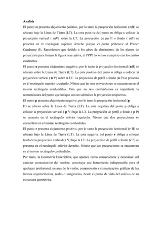 Análisis
El punto m presenta alejamiento positivo, por lo tanto la proyección horizontal (mH) se
ubicará bajo la Línea de Tierra (LT). La cota positiva del punto m obliga a colocar la
proyección vertical ( mV) sobre la LT. La proyección de perfil o fondo ( mP) se
presenta en el rectángulo superior derecho porque el punto pertenece al Primer
Cuadrante (I). Recordemos que debido a los giros de abatimiento de los planos de
proyección para formar la figura descriptiva, el PPP3 lo vemos completo con los cuatro
cuadrantes.
El punto n presenta alejamiento negativo, por lo tanto la proyección horizontal (nH) se
ubicará sobre la Línea de Tierra (LT). La cota positiva del punto n obliga a colocar la
proyección vertical ( n V) sobre la LT. La proyección de perfil o fondo (n P) se presenta
en el rectángulo superior izquierdo. Nótese que las tres proyecciones se encuentran en el
mismo rectángulo confundidas. Para que no nos confundamos es importante la
nomenclatura del punto que indique con un subíndice la proyección respectiva.
El punto p presenta alejamiento negativo, por lo tanto la proyección horizontal (p
H) se ubican sobre la Línea de Tierra (LT). La cota negativa del punto p obliga a
colocar la proyección vertical ( p V) bajo la LT. La proyección de perfil o fondo ( p P)
se presenta en el rectángulo inferior izquierdo. Nótese que dos proyecciones se
encuentran en el mismo rectángulo confundidas.
El punto r presenta alejamiento positivo, por lo tanto la proyección horizontal (r H) se
ubicará bajo la Línea de Tierra (LT). La cota negativa del punto r obliga a colocar
también la proyección vertical (r V) bajo la LT. La proyección de perfil o fondo (r P) se
presenta en el rectángulo inferior derecho. Nótese que dos proyecciones se encuentran
en el mismo rectángulo confundidas.
Por tanto, la Geometría Descriptiva, que aparece como consecuencia y necesidad del
carácter comunicativo del hombre, constituye una herramienta indispensable para el
quehacer profesional, en aras de la visión, comprensión y comunicación gráficas de las
formas arquitectónicas, reales o imaginarias, desde el punto de vista del análisis de su
estructura geométrica.
 