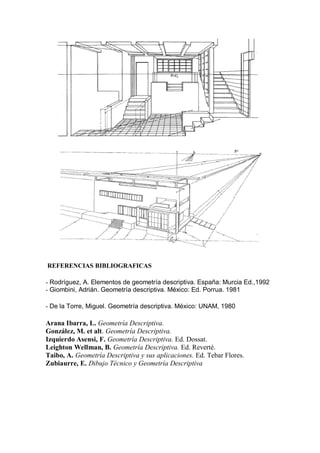 REFERENCIAS BIBLIOGRAFICAS

- Rodríguez, A. Elementos de geometría descriptiva. España: Murcia Ed.,1992
- Giombini, Adrián. Geometría descriptiva. México: Ed. Porrua. 1981

- De la Torre, Miguel. Geometría descriptiva. México: UNAM, 1980

Arana Ibarra, L. Geometría Descriptiva.
González, M. et alt. Geometría Descriptiva.
Izquierdo Asensi, F. Geometría Descriptiva. Ed. Dossat.
Leighton Wellman, B. Geometría Descriptiva. Ed. Reverté.
Taibo, A. Geometría Descriptiva y sus aplicaciones. Ed. Tebar Flores.
Zubiaurre, E. Dibujo Técnico y Geometría Descriptiva
 