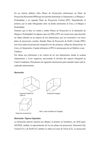 En un sistema diédrico (Dos Planos de Proyección) utilizaremos un Plano de
Proyección Horizontal (PPH) que nos permita determinar el Alejamiento y el Margen ó
Profundidad; y un segundo Plano de Proyección Vertical (PPV, Perpendicular al
primero, por lo tanto Ortogonales entre sí) donde anotaremos la Cota y el Margen o
Profundidad.
Notemos que el dato en común a ambos Planos de Proyección es la dimensión de
Margen o Profundidad. En algunos casos los PPH y PPV son insuficientes para describir
un objeto ubicado en un espacio de tres dimensiones, por eso recurrimos a un tercer
plano de proyección, auxiliar, llamado Plano de Proyección de Perfil o Fondo (PPF);
este tercer plano de proyección ortogonal a los dos primeros, refleja dos dimensiones: la
Cota y el Alejamiento. Cuando utilizamos el PPF el sistema pasa de ser Diédrico a uno
Triédrico.
Por ultimo nos referiremos a los valores de las tres dimensiones, donde se aceptan
Alejamientos y Cotas negativas, provocando la división del espacio Ortogonal en
Cuatro Cuadrantes. Presentamos las siguientes ilustraciones para entender mejor todo lo
explicado anteriormente.


Ilustración




Ilustración Figuras Espaciales
La Ilustración anterior muestra tres dibujos, el primero en Isométrico, de ISOS igual,
METROS, medida, la representación de los tres planos de proyección, Horizontal (H),
Vertical (V) y de Perfil (F); también se indica la Línea de Tierra (LT). La proyección
 