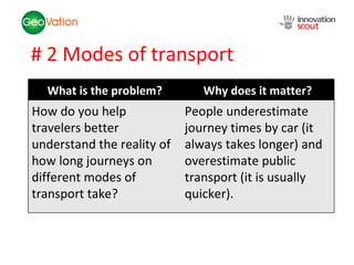 # 2 Modes of transport What is the problem? Why does it matter? How do you help travelers better understand the reality of...