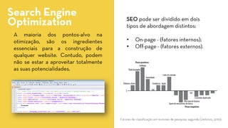 Amaioriadospontos-alvonaotimização,sãoosingredientesessenciaisparaaconstruçãodequalquerwebsite.Contudo,podemnãoseestaraaproveitartotalmenteassuaspotencialidades. 
SearchEngine 
Optimization 
SEOpode ser dividido em dois 
tipos de abordagem distintos: 
• 
On-page-(fatores internos); 
• 
Off-page-(fatores externos). 
Fatores de classificação em motores de pesquisa, segundo (Jerkovic, 2010).  