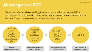 Desde as palavras-chave, às ligações externas, muitas das vezes SEO é simplesmente uma questão de ter certeza que o nosso site está estruturado de uma forma que os motores de pesquisa entendem. 
Otimização dos 
Aspetos técnicos 
Arquitetura do site 
Otimização dos 
Conteúdos 
e palavras- chave 
Otimização de 
Ligações Int./Ext. 
E Buzz 
SEO 
Website 
SearchEngineFriendly 
Para Motores de pesquisa e Pessoas 
Conteúdo orientado ao target e UX right 
Potenciar as ligações 
Facilitar o buzz... 
Abordagem ao SEO 
Fonte: Hubspot2013  
