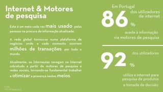 Esteéummeiocadavezmaisusadopelaspessoasnaprocuradeinformaçãoatualizada. 
Aredeglobaltornou-senumaplataformadenegóciosondeacadamomentoocorremmilhõesdetransaçõesportodoomundo. 
Atualmente,osinternautasnavegamnainternetsobretudoapartirdemotoresdepesquisaeredessociais,tornando-sefundamentaltrabalhareotimizarapresençanestesmeios. 
86 
dos utilizadores 
de internet 
acede à informação 
% 
via motores de pesquisa 
dosutilizadores 
utiliza a internet para 
pesquisa de produtos 
92 
e tomada de decisão 
Fonte: 
TNS Infratest2012 
% 
Internet & Motores 
de pesquisa 
EmPortugal  