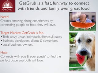 GetGrub is a fast, fun, way to connect
             with friends and family over great food.
Need
Creates amazing dining experiences by
connecting people to food they will love.

Target Market: GetGrub is for...
•Tech savvy, urban individuals, friends & dates.
•Business developers, clients & coworkers.
•Local business owners
How
Connects with you & your guests’ to ﬁnd the
perfect place you both will love.
 