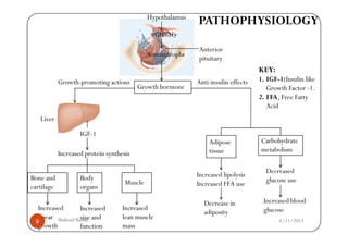 Hypothalamus
                                                             PATHOPHYSIOLOGY
                                               (GHRH)

                                                             Anterior
                                              Somatotrophs
                                                             pituitary
                                                                                    KEY:
            Growth-promoting actions                         Anti-insulin effects   1. IGF-1(Insulin like
                                          Growth hormone                               Growth Factor -1.
                                                                                    2. FFA, Free Fatty
                                                                                       Acid
   Liver

                    IGF-1
                                                                 Adipose            Carbohydrate
                                                                 tissue             metabolism
            Increased protein synthesis

                                                                                      Decreased
Bone and            Body                                     Increased lipolysis
                                     Muscle                                           glucose use
cartilage           organs                                   Increased FFA use

                                                               Decrease in           Increased blood
  Increased        Increased        Increased                                        glucose
                                                               adiposity
  linear Shahzad Bashir. and
                   size             lean muscle                                            4/11/2013
 9
  growth           function         mass
 