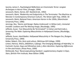 Iaccino, James F., Psychological Reflections on Cinemmatic Terror: Jungian
Archetypes in Horror Films, (Praeger, 1994)
Jancovich, Mark, Horror, (B.T. Batsford Ltd., 1992)
Jancovich, Mark, ‘Modernity and Subjectivity in The Terminator: The Machine as
Monster in Contemporary American Culture’, The Velvet Light Trap, 1992b: 30
Jancovich, Mark, Rational Fears: American Horror in the 1950s, (Manchester
University Press, 1996)
Jennings, Ros, ‘Desire and Design: Ripley Undressed’, in Wilton (ed.), Immortal
Invisible: Lesbians and The Moving Image, (Routledge, 1995)
Jeffords, Susan, ‘Can Masculinity Be Terminated?’ in Cohan and Hark (eds.),
Screening The Male: Exploring Masculinities in Hollywood Cinema, (Routledge,
1993)
Jeffords, Susan, Hard Bodies: Hollywood Masculinity in The Reagan Era, (Rutgers
University Press, 1994)
Kolker, Robert, Film, form and culture, (McGraw-Hill College, 1999)
Linton, Patricia, ‘Aliens, (M)Others, Cyborgs: The Emerging Ideology of Hybridity,’ in
Cartmell, Hunter, Kaye and Whelehan (eds.), Alien Identities: Exploring Differences
in Film and Fiction, (Pluto Press, 1999)
McDonald, Paul, ‘Reconceptualising Stardom’, supplementary chapter in Dyer,
Stars, (British Film Institute, New Edition 1998)
 