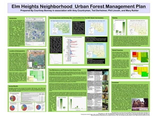 Elm Heights Neighborhood Urban Forest Management Plan
                              Prepared By Courtney Bonney in association with Amy Countryman, Ted Derheimer, Phil Lincoln, and Mary Ruhter


Introduction                                                                             Tree Canopy Cover and Diversity, Size, and Condition from The 2007 Street Tree Inventory                                                                                        Planting

In 2007, The City of Bloomington con-                                                                                                                                                                                                                                                                    Planting Sites by Optimal Tree Size
ducted a thorough inventory of the                                                                                                                                                                                                                                                                      250

cities street trees.1 A “street trees” as                                                                                                              Tree Canopy Cover
defined by the Bloomington City Ordi-                                                                                                                  An inventory of tree canopy
                                                                                                                                                                                                                                                                                                        200
                                                                                                                                                       cover bridges the divide be-




                                                                                                                                                                                                                                                                             Number of Planting Spots
nance are “trees lying on the real estate
owned or controlled by the City” with                                                                                                                  tween street trees and private
the exception of trees lying within park                                                                                                               trees. In Elm Heights there                                                                                                                      150

interiors.       With    shapefiles    of                                                                                                              are only 873 street trees, but
Bloomington’s      street    trees   and                                                                                                               tree canopy cover is greater                                                                                                                     100
Bloomington’s distinct neighborhood                                                                                                                    than fifty percent.         Elm
associations a group of Indiana                                                                                                                        Heights canopy cover was
University’s Urban Forestry Manage-                                                                                                                    digitized from 2007 aerial pho-                                                                                                                  50

ment students were charged with de-                                                                                                                    tography to be compared with
veloping a tree management plan for                                                                                                                    American Forests Urban Tree                                                                                                                       0

the     Elm    Heights    Neighborhood                                                                                                                 Canopy Cover (UTCC) goals.                                                                                                                             Planting Site   Planting Site   Planting Site
                                                                                                                                                                                                                                                                                                                 Large          Medium           Small
(highlighted in yellow). The President
of the Elm Heights Neighborhood Asso-
ciation, Ms. Jenny Southern, expressed                                                     Street Tree Diversity & Size                                                                                                                                                    In Elm Heights many private trees need to be removed in order to decrease the number of
                                                                                                                                                                                          Condition of Street Trees                                                        hazard trees. In order to maintain high tree canopy cover levels in Elm Heights trees need
interest in creating a plan which would                                                    Of Elm Heights streets trees                                                                   Of the trees surveyed in 2007, 5% were in poor condi-                            to be planted. Physical observations as well as the street tree inventory indicate that the
address issues pertinant to the mem-                                                       only one genus is over popu-                                                                   tion, 24% in fair condition, and 42% in good condition.                          majority of planting spots are located in tree lawns smaller than 4 feet. With this in mind it
bers of the association and improve                                                        lated.    Maples have been                                                                     26% were labeled as dead. Of these only 17% were                                 is doubtful that the City of Bloomington will be able to increase tree canopy cover in the
communication with the Bloomington                                                         popular as street trees, but                                                                   marked for removal.                                                              Northwest corner of Elm Heights by planting street trees. In order to reach the 25%
City Forester, Lee Huss. The difficulty                                                    have weak limbs (Silver
would lie in discovering what informa-                                                     Maple) and are prone to pests                                                                                                                                                   canopy cover goals for “urban residential” areas as set by American Forests private land-
tion is pertinant to a neighborhood as-                                                    such as the Asian Ambrosia                                                                                                                                                      owners will need to plant street trees. The Elm Heights Neighborhood Association should,
sociation as diverse and large as the                                                      Beetle; Creating a more di-                                                                                                                                                     however, encourage the planting of trees in the Northwest corner to decrease any pos-
Elm Heights neighborhood.                                                                  verse street tree population                                                                                                                                                    sible inequalities among property owners in the entirety of Elm Heights.
                                                                                           would mean planting less
                                                                                           Maples, Little Leaf Linden,
                                                                                           Gingko, Crabapple, and Orna-
                                                                                           mental Pears. Secondly, trees
                                                                                           must be better managed to in-                                                                                                                                                 Rental Properties
Location & Demographics                                                                    crease the number of trees
                                                                                           which reach maturity                                                                                                                                                          Areas with high numbers of rental proper-
Elm Heights Neighborhood is located in                                                                                                                                                                                                                                   ties are more likely to neglect tree canopy
downtown Bloomington, Indiana and encom-                                                                                                                                                                                                                                 cover in both size and condition. As a
passes approximately 340 acres (Indiana                                                                                                                                                                                                                                  neighborhood association, members can
Geological Survey 2008). It is bounded to the                                                                                                                                                                                                                            use premise liability and hazard trees to
north by 3rd Street, to the west by Washing-                                                                                                                                                                                                                             bring home owners and rental owners to-
ton Street, spans eastward nearly to Mitchell                                                                                                                                                                                                                            gether.
Street, and southward to Weatherstone                                                                                                                                                           Size Distribution
Lane. The neighborhood is one of the most                                                                                                                                                       Based on these models of tree size city foresters plan                   Use this information as well as other
established residential areas in Bloomington                                                                                                                                                    for the planting of new trees and the maintenance of                     hazard tree resources to create a hazard
and contains Vintage Hill Historic District lo-                                                                                                                                                 trees. Benefits of street trees are proportional to                      tree workshop for rental property owners.
cated along 1st Street from Woodlawn                                                                                                                                                            DBH; street tree benefits are greater in green areas.                    Consult with a local arborist to get a day of
Avenue to Maxwell Lane.2 On the negative                                                                                                                                                                                                                                 free assessments. In many areas of Elm
side, A significant portion of Elm Heights is                                                                                                                                                                                                                            Heights’ tree canopy cover level is above
within the boundary of IU and is very near                                                                                                                                                                                                                               and beyond the American Forests’ Urban
the urban core of Bloomington. On the posi-                                                                                                                                                                                                                              Tree Canopy Cover (UTCC) Goals of 25
tive side, Elm Heights includes two parks,                                                                                                                                                                                                                               percent for an urban residential area.
Third Street Park and the Northern portion of                                                                                                                                                                                                                              Sources: Bloomington Tree InveChris Walker, GIS Specialist, IU Bloomington;
Bryan Park. Third Street Park is used exten-
sively by the Elm Heights Neighborhood.
                                                                                         Tree Maintenance and Protection from Hazard Trees                                                                                                                               The neighborhood association will benefit
                                                                                                                                                                                                                                                                         by the improved condition of the tree
                                                                                         Trees provide a large number of benefits to a community, but they can also cause serious                                                                                        canopy cover.       Both rental property
Census block groups, a cluster of census                                                 damage. Dead or dying trees provide wildlife habitat, but they also cause power outages, prop-                                                                                  owners and home owners benefit by pre-
blocks, were used to subdivide the Elm                                                   erty damage, and even death when trees fall unexpectedly. In Indiana, it is a duty for landowners                                                                               venting future premise liability litigation
Heights into areas with which analysis could                                             to protect others from injury caused by trees in their yards.                                                                                                                   costs, while the neighborhood improves in
be performed based on demograghic data.                                                                                                                                                                                                                                  property values and increased participa-
Census blocks contain a range of popula-                                                 Indiana law bases this decision on the case Valinet v. Eskew, 574 N.E.2d 283 (Ind. 1991). The Indi-                                                                             tion of rental owners in tree related issues.
tions from 600 to 3000 people, optimally                                                 ana Supreme Court found that a “possessor of land in an urban area was subject to liability, to
1500. Subsections in the maps provided                                                   persons … for physical harm resulting from his failure to exercise reasonable care to prevent an
range from 498 people to 2239. Census                                                    unreasonable risk of harm arising from the condition of trees on the land near the highway.” The
blocks were insufficient in size to view over-                                           court further held that a landowner had a “duty … to perform periodic inspections to be sure that
all trends in tree care.                                                                 the premises do not endanger those using the highway” (Scott 2006).3
                                                                                                                                                                                                                                                                       Conclusion
                                                                                         Despite the overwhelming perception that the street trees in Elm Heights are in disrepair, the
                                                                                         data indicates that the City of Bloomington is maintaining its street trees. Over 80% of street                                                                               Information gathered from both the survey and GIS were used to tailor a manage-
                                                                                         trees are not in any danger of encountering wires and the majority of street trees need no main-                                                                              ment plan toward the needs of the Elm Heights Neighborhood. Elm heights is a
Survey Results                                                                           tenance at all. Survey results indicate that trees are not an issue when it comes to broken side-
                                                                                                                                                                                                                                                                       unique neighborhood association, it is one of the largest neighborhoods and has
                                                                                         walks, rather, street crews have gotten behind in fixing aging sidewalks within this neighborhood.
Association memebers were surveyed from 26 March 2008 through 7 April 2008 using         Lighting was also considered a hazard to be considered. Perhaps the city forester should con-                                                                                 a diverse population; So large that it is difficult to conclude even the tree canopy
SurveyMonkey.com. Of the 100 members contacted via e-mail, 33 completed the survey. Of   sider training a larger number of trees above the light posts in Elm Heights than are currently                                                                               cover goals. However it is clear that tree canopy is lacking in the northwest
those curveyed 88% were Residential Landowners, 9% were Rental Property Owners, and 3%   trained.                                                                                                                                                                      corner of the neighborhood, an area in which many people come to enjoy the out-
were a combination of the two.
                                                                                                                                                                                                                                                                       doors, events, etc (Third Street Park and Bryan Park). This area is a juxtaposition
                                                                                         From physical inspection it appears that the majority of hazardous trees are in private yards and                                                                             of both good and poor traits for the encouragement of the urban forest. Tree
                                                                                         therefore not within the city’s jurisdiction. Citizens should inventory their own trees for visible                                                                           canopy is more easily encouraged near established parks and green spaces; on
                                                                                         defects as listed in the table at right and contact a certified arborists for consultation on ques-
                                                                                         tionable trees.4 Removal should be done with the necessary precautions and the help of trained
                                                                                                                                                                                                                                                                       the other hand, trees are often neglected on rental properties. In this lies an op-
                                                                                         personel.       The                                                                                                                                                           portunity for the Elm Heights Neighborhood association to focus its efforts in the
                                                                                         City of Blooming-        Street Trees Under Wires                                                                                                                             northwest corner and by doing so increase the tree-related benefits (increased
                                                                                         ton provides infor-        90                                                                                                                                                 property values, storm water drainage,
                                                                                         mation on proper           80                                                                                                                                                 shade, etc.) to the entire neighborhood.
                                                                                         pruning and does                                                                                                                                                              Hazard liability appears to be a cost to the
                                                                                                                Percent of all Street Trees




                                                                                                                    70
                                                                                         not condone the
                                                                                         use of “topping.”
                                                                                                                    60                                                                                                                                                 community, but it may be a boon. In making
                                                                                         Rather the city en-
                                                                                                                    50                                                                                                                                                 available the materials on premise liability
                                                                                         courages       resi-       40                                                                                                                                                 the neighborhood may increase rental
                                                                                         dents to prune             30                                                                                                                                                 owner involvement and thus be able to
                                                                                         trees back to a            20                                                                                                                                                 build off of the adjacent parks’ green infra-
                                                                                         point at which             10                                                                                                                                                 structure. Through local action, specifi-
                                                                                         weak     branches
                                                                                         connect with a
                                                                                                                     0                                                                                                                                                 cally neighborhood actions, Bloomington,
                                                                                                                                                                                                                                                                       IN can fully become Tree City, USA.
                                                                                                                           NO       YES
                                                                                         strong      leader
                                                                                         branch.
                                                                                                                                                                                                                                                                      1 Bloomington Street Tree Inventory, 2007. Chris Walker, GIS Specialist, City of Bloomington, Bloomington, IN.
                                                                                                                                                                                                                                 2 Ruhter, Mary et. al., 2008. “Elm Heights Neighborhood Association Street Tree Managment Plan.” Indiana University-Bloomington. Bloomington, IN.
                                                                                                                                                                             3 Beering, Peter and Scott, Judson, 2006. "Premises Liability and Your Trees." Vine and Branch, Inc. Website. Vine and Branch, Inc. 13pp. <http://www.vineandbranch.net/Premise_liability_4-9-07.pdf>
                                                                                                                                                                                                          4 Minnesota Department of Natural Resources, and USDA Forest Service. 1996. “How to Recognize Hazardous Defects in Trees.” USDA Forest Service NA-FR-01-96. 20 pp.
 