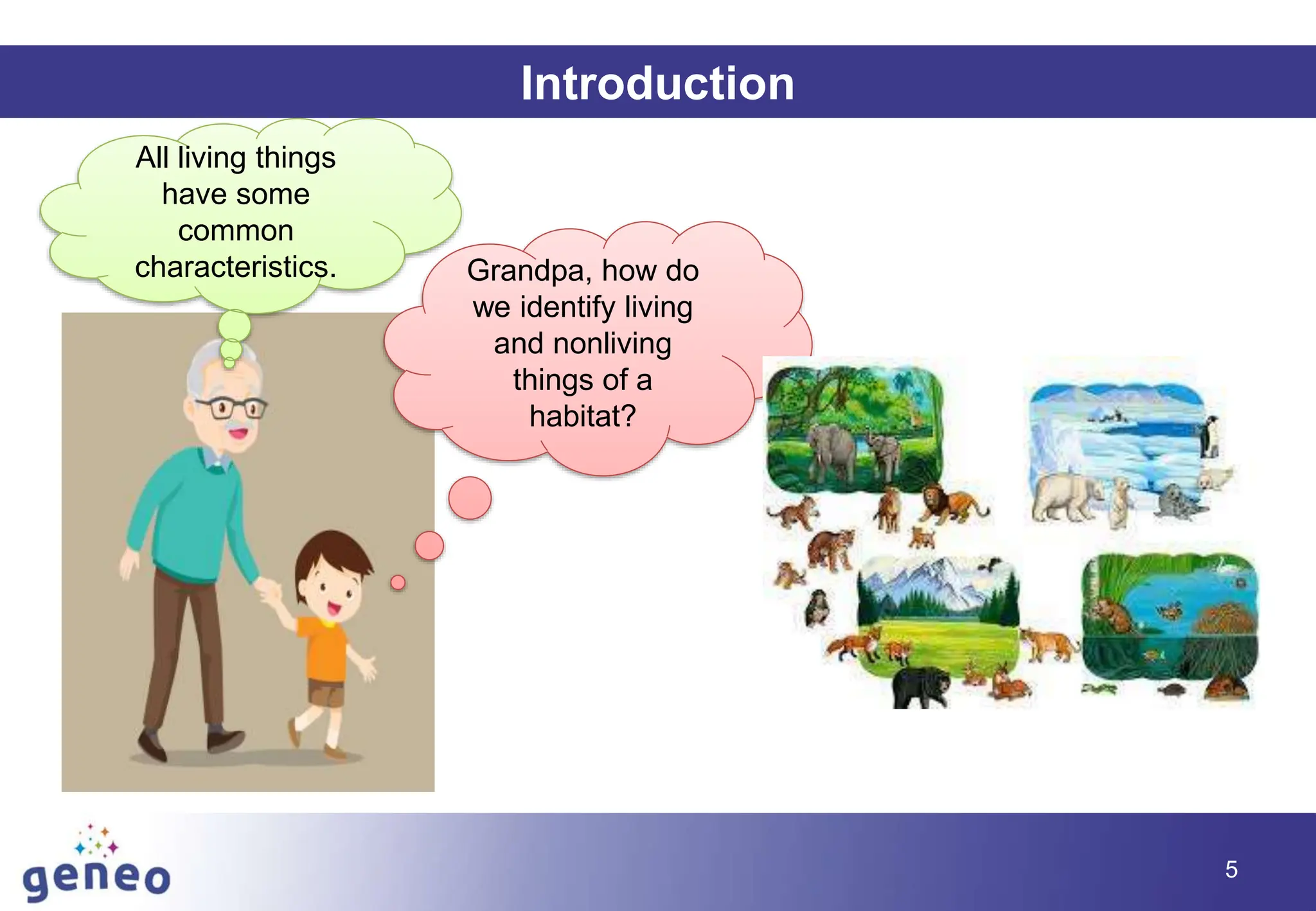 5
Introduction
Grandpa, how do
we identify living
and nonliving
things of a
habitat?
All living things
have some
common
characteristics.
 
