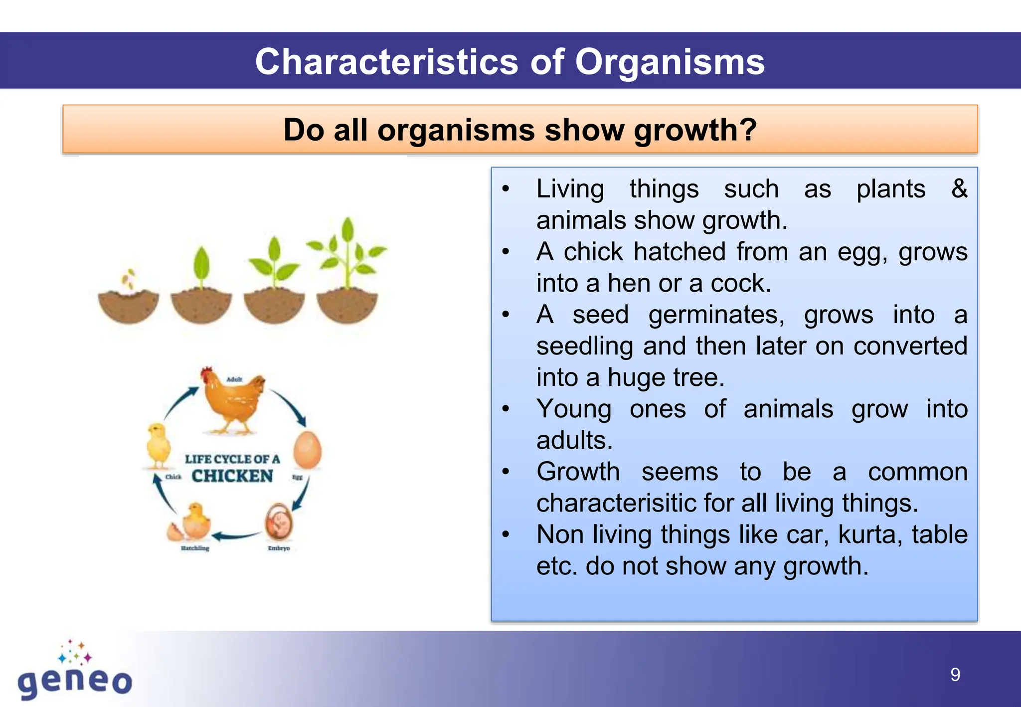 9
Characteristics of Organisms
Do all organisms show growth?
• Living things such as plants &
animals show growth.
• A chick hatched from an egg, grows
into a hen or a cock.
• A seed germinates, grows into a
seedling and then later on converted
into a huge tree.
• Young ones of animals grow into
adults.
• Growth seems to be a common
characterisitic for all living things.
• Non living things like car, kurta, table
etc. do not show any growth.
 