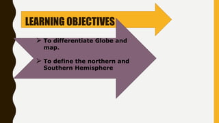 LEARNING OBJECTIVES
⮚ To differentiate Globe and
map.
⮚ To define the northern and
Southern Hemisphere
 