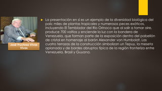  La presentación en sí es un ejemplo de la diversidad biológica del
país: miles de plantas tropicales y numerosos peces exóticos,
incluyendo El Temblador del Río Orinoco que al salir a tomar aire,
produce 700 voltios y enciende la luz con la bandera de
Venezuela, que forman parte de la exposición dentro del pabellón
de cristal en homenaje al barón Alexander von Humboldt. Las
cuatro terrazas de la construcción simbolizan un Tepuy, la meseta
aplanada y de bordes abruptos típica de la región fronteriza entre
Venezuela, Brasil y Guyana.
José Fructoso Vivas
Vivas
 