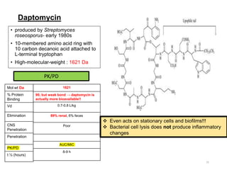 Daptomycin
• produced by Streptomyces
roseosporus- early 1980s
• 10-membered amino acid ring with
10 carbon decanoic acid attached to
L-terminal tryptophan
• High-molecular-weight : 1621 Da
31
1621
90; but weak bond → daptomycin is
actually more bioavailable!!
0.7-0.8 L/kg
89% renal, 6% feces
Poor
AUC/MIC
8-9 h
Mol wt Da
% Protein
Binding
Vd
Elimination
CNS
Penetration
Penetration
PK/PD
t ½ (hours)
PK/PD
 Even acts on stationary cells and biofilms!!!
 Bacterial cell lysis does not produce inflammatory
changes
 