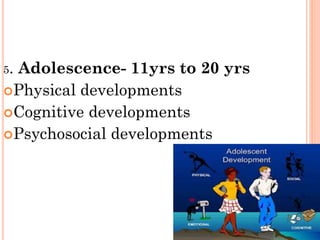 5. Adolescence- 11yrs to 20 yrs
Physical developments
Cognitive developments
Psychosocial developments
 