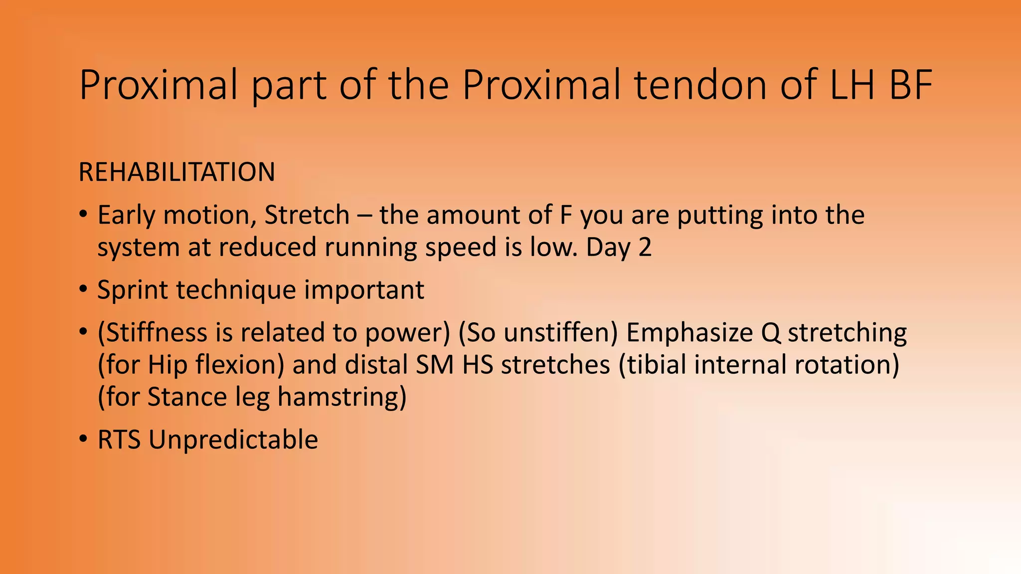 Proximal part of the Proximal tendon of LH BF
REHABILITATION
• Early motion, Stretch – the amount of F you are putting into the
system at reduced running speed is low. Day 2
• Sprint technique important
• (Stiffness is related to power) (So unstiffen) Emphasize Q stretching
(for Hip flexion) and distal SM HS stretches (tibial internal rotation)
(for Stance leg hamstring)
• RTS Unpredictable
 