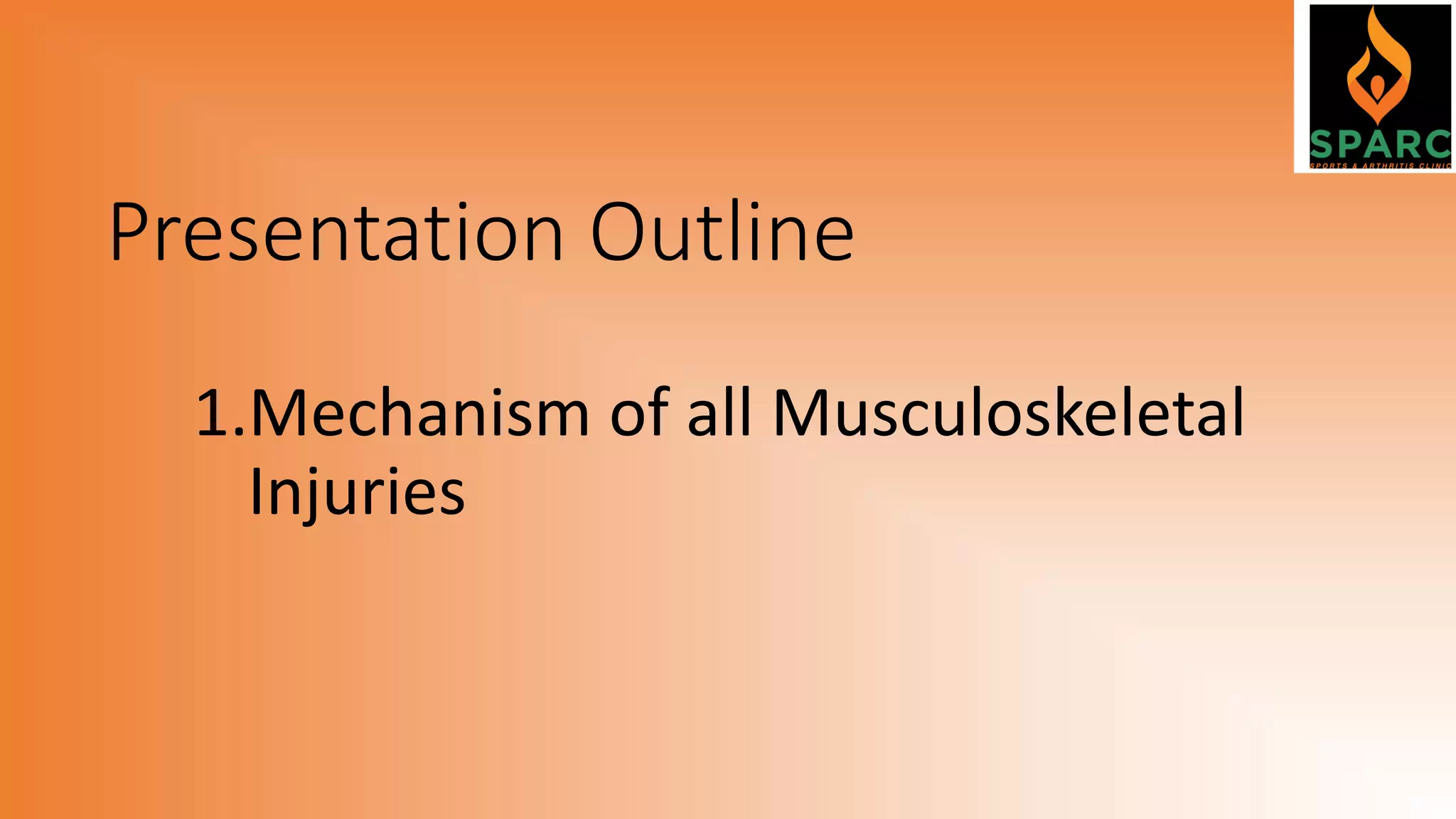 Presentation Outline
1.Mechanism of all Musculoskeletal
Injuries
 